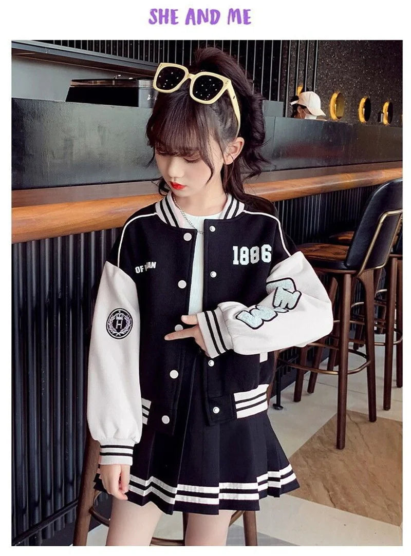 Girls Sports Clothing Suit Spring Autumn Baseball Sets Children Jacket Pleated Skirt 2Pcs Kids Fashion Outfits 4-14 Years