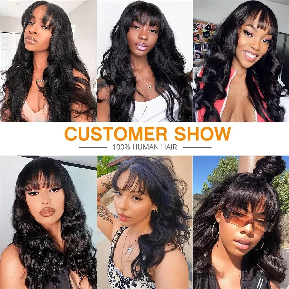 30 inch Body Wave Human Hair Wigs with Bangs Wig Brazilian Hair Wig with Bangs Full Machine Made Wigs For Women 180% Density