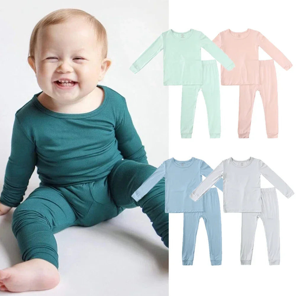 2024 Bamboo Fiber For Kids Pyjamas Solid Long Sleeve Pants Breathable Sleepwear Clothes Toddler Boy Girl Loungerwear Outfits