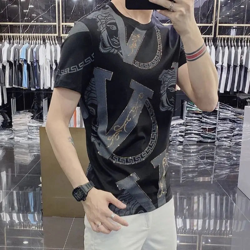 Summer Men Clothing Short Sleeve T-Shirts Streetwear Fashion Letter Thin Trend Vintage Casual Printing Round Neck Grey Slim Tops