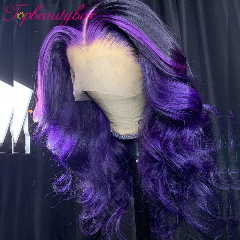 Purple Highlight Color 13X4 Lace Front Human Hair Wigs 180% Brazilian Remy Hair Wavy Lace Front Wig