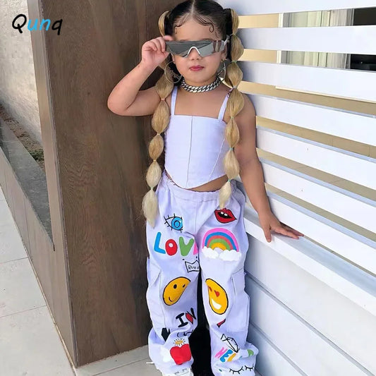 Qunq 2023 Autumn New Girls Fashion Solid Halter Irregular Top + Cartoon Print Pants 2 Pieces Set Casual Kids Clothes Age 3T-8T