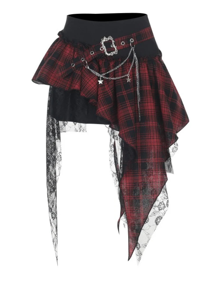 AltGoth Cyber Punk Dark Gothic Skirt Women Streetwear Harajuku Irregular Patchwork Red Plaid Skirt Hotsweet Y2k Clubwear Skirt