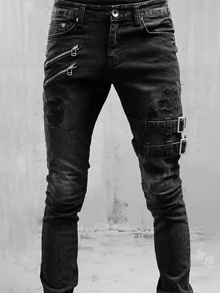 Men Zipper Hole Streetwear Punk Skinny Denim Cargo Pants Pantalones Y2K Clothing Retro Moto Biker Straight Elastic Jeans