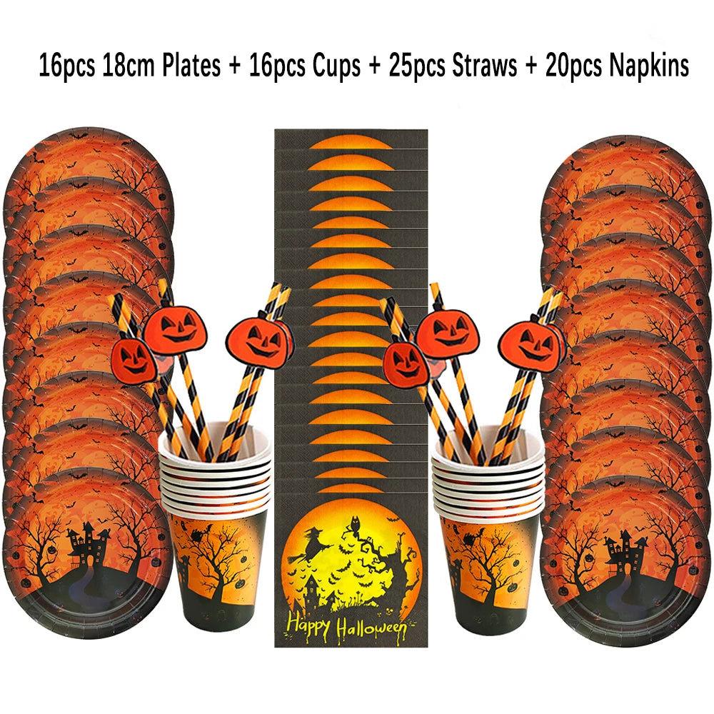 10Sets Halloween Disposable Tableware Sets Ghost Pumpkin Paper Cup Plates Straws Banner Cupcake Topper Halloween Party Decor