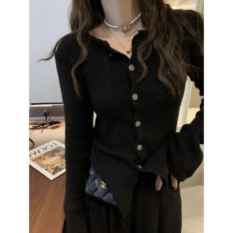 Deeptown Y2k Grey Vintage Women Kint Sweater Harajuku Long Sleeve Cardigan Irregular Korean Fashion Slim Autumn Jerseys Casual