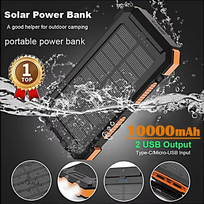 for Xiaomi 10000mAh Portable Solar Power Bank External Battery Fast Charging Waterproof Powerbank with SOS Flashlight Poverbank