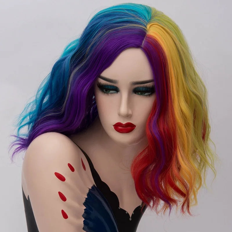 Short Cosplay Synthetic Wigs For Women Rainbow Highlights Color Wavy Wigs Side Central Hairline Cos Rose Net Ombre Hair