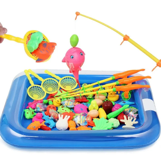 Kids' Fishing Toy Set Play Water Toys for Baby Magnetic Rod and Fish with Inflatable Pool Outdoor Sport Toys for Children