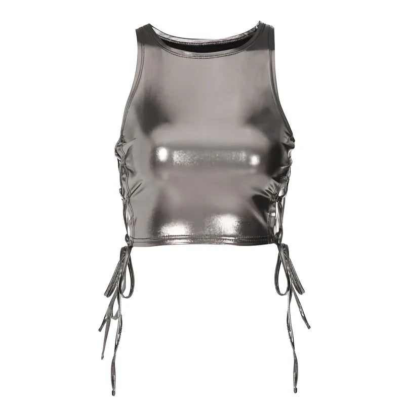 Round Neck Sleeveless Vest For Women Metal Silver Camisole Hollow Out Lace-Up Design Slim Fitting Sexy Basic Top Summer