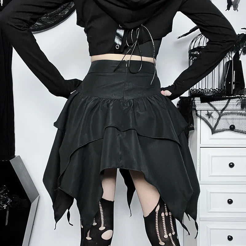 Women Gothic Punk Irregular Skirts New Sexy Solid Color Drawstring Tie-Up Ruched Ruffles Mini Skirt Summer Fashion Short Skirts