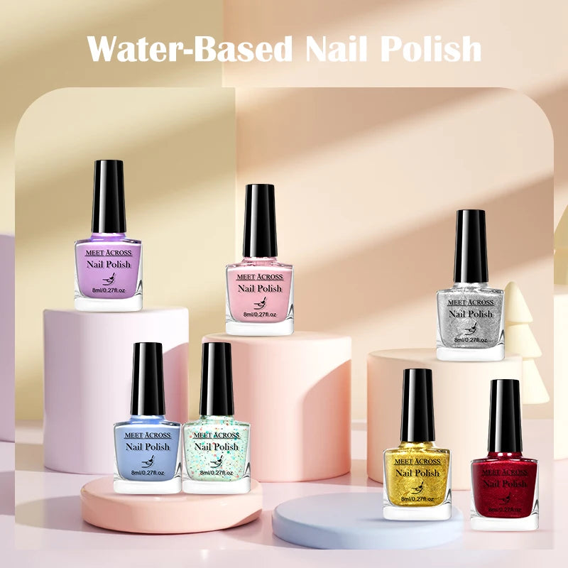 MEET ACROSS 8ml Pink White Nude Water-Based Peel Off Nail Polish Glass Bottle Nail Art Polish DIY Design No Need Lamp