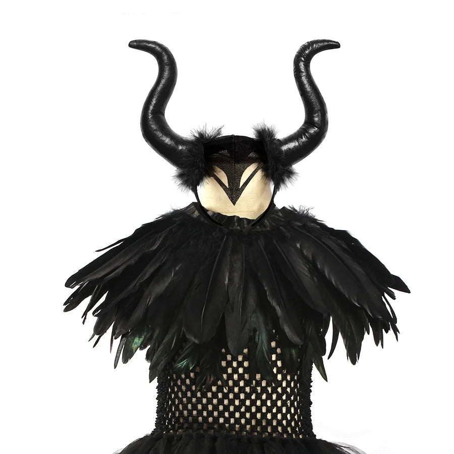 Halloween Costume Maleficent Tutu Dress For Girls Cosplay Evil Queen Black Mesh Princess Dress Kids Crow Wand Maleficent