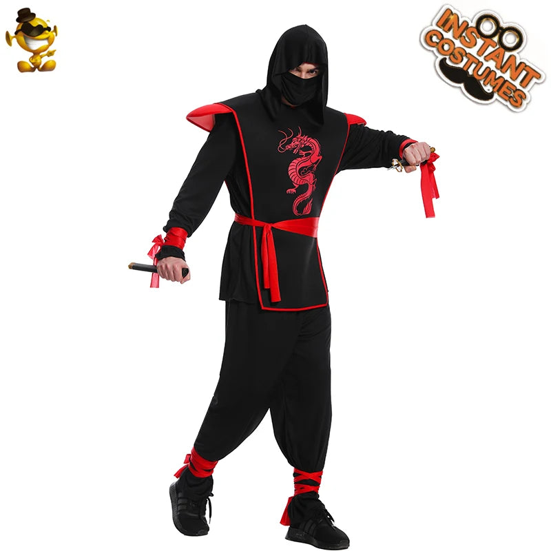 Adult Ninja Costume Halloween Party Muscle  Cosplay Black and Red with Hood Jumpsuit Belt Straps Deggers Fancy Dress Up