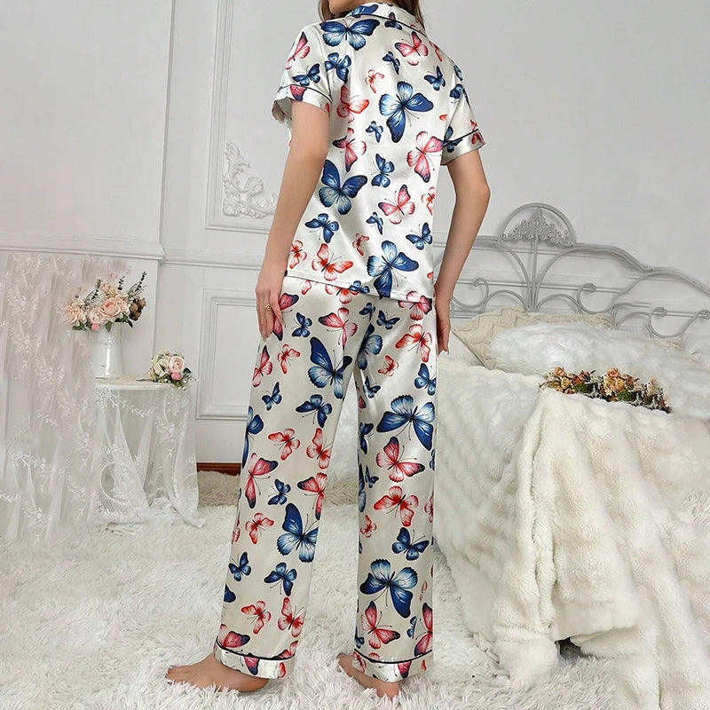 Butterfly Print Pajamas Women Autumn Short Sleeve Buttons Top & Long Pants Pajama Pj Sets Ladies Sleepwear Loungewear Nightwear