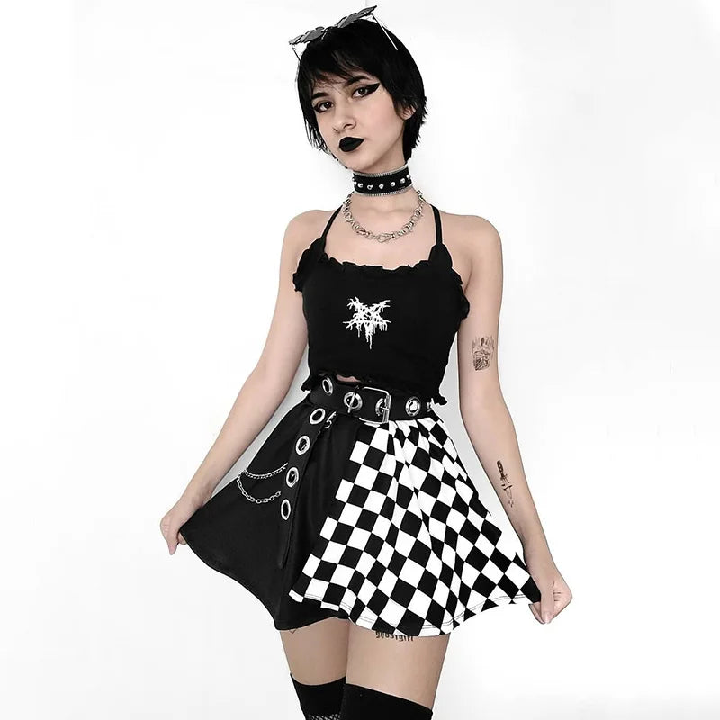 Y2K Houndstooth Color Block Mosaic Skirts Micro-trum Contrast Dark Style Pleated Skirts Women's High-waist Street Trend Skirts