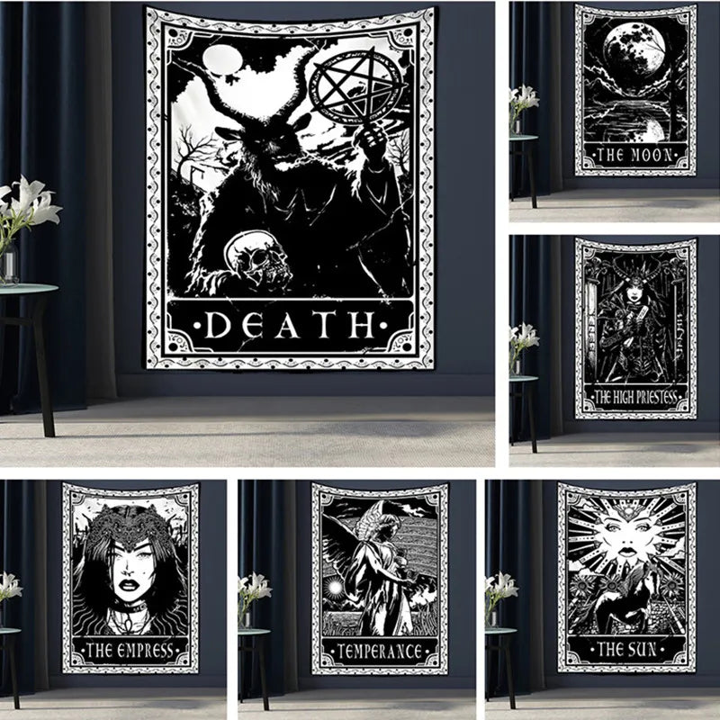 Black Tapestry Wall Hanging Psychedelic Sun Tarot Card Hippie Astrology Divination Witchcraft Background Wall Room Boho Decor