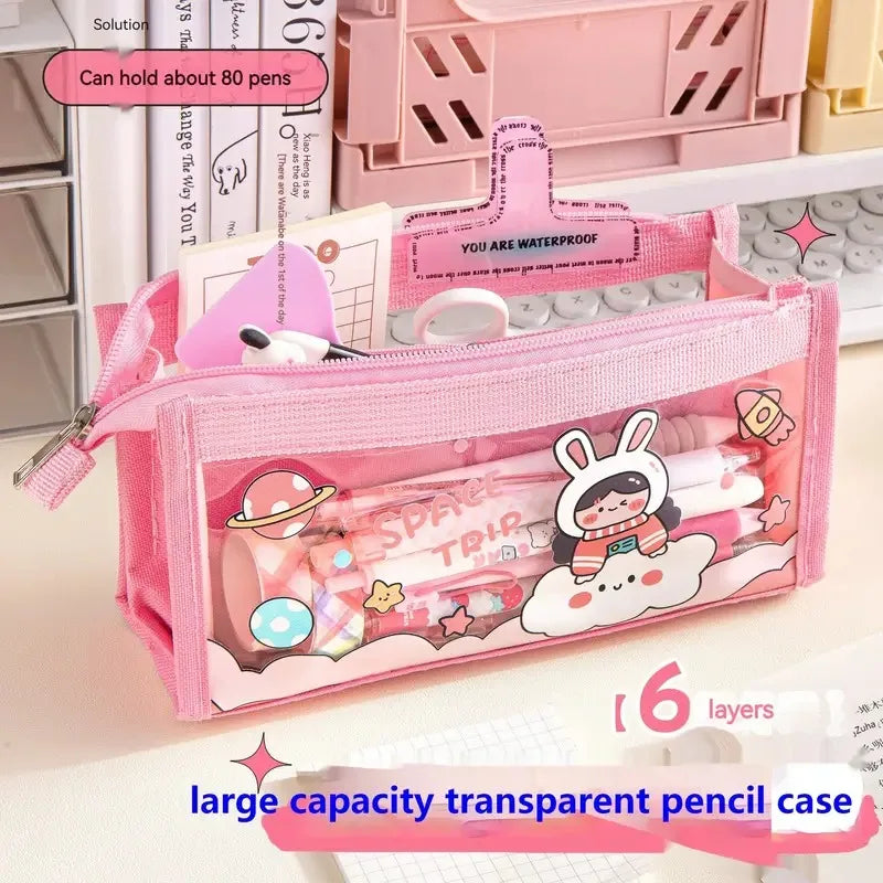 Cute Cartoon 6-layer Transparent Pencil Case Multi-functional Storage Stationery Box School Supplies Kawaii Stationery Bag 1pc