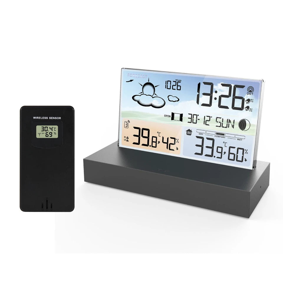 Transparent glass weather clock wireless Multifunctional weather forecast Electronic alarm clock black Outdoor sensors backlight