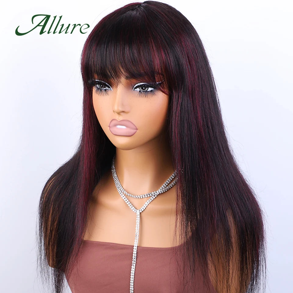 Brazilian Straight Human Hair Wigs for Women Ombre Glueless Wig With Bangs 180% Density Burgundy Colored Hair Long Wigs Allure