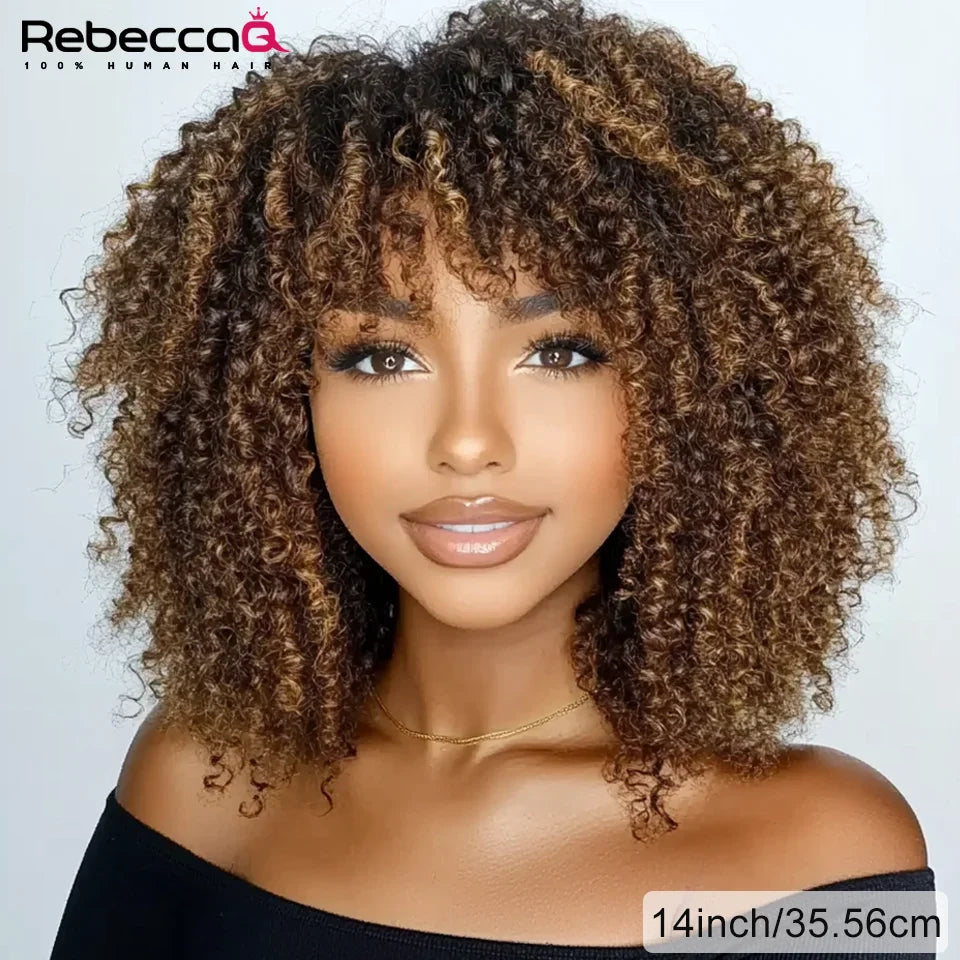 Short Curly Wig With Bangs Ready to Go Human Hair Afro Kinky Curly Wig Highlight Glueless Full Machine Made Wig 250 Density Remy