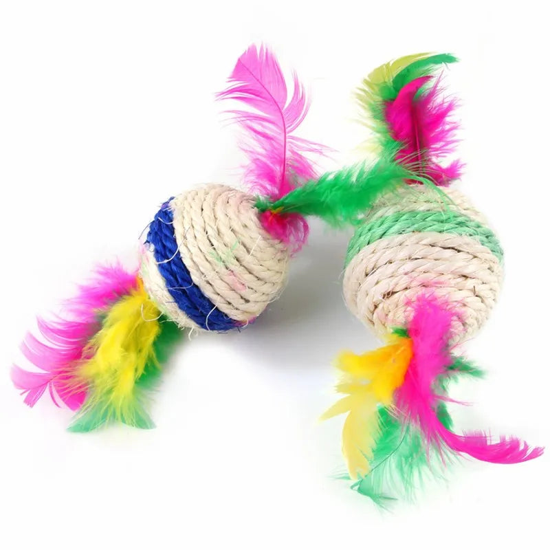 Cat Toy Sisal Ball Cat Toys Interactive Feather Toys for Cats Teeth Cleaning Scratching Ball Cats Toy with Bell Pet Supplies