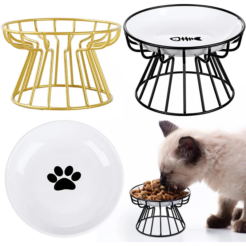 Ceramic Bowl With Metal Stand For Cat, Pet Food Snack Bowls Feeding Drinking Elevated Feeder Kitten And Puppy Dish Pet Supplies