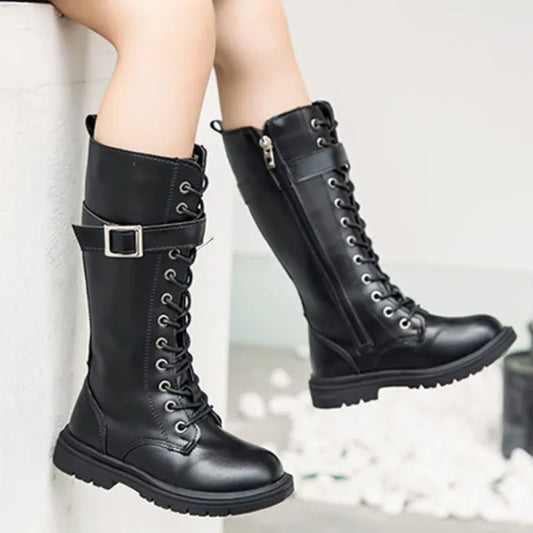 Girls Boots 2024Autumn New Fashion Leather Knee-length Long Boots Princess High Top Kids Shoes Casual Children Cotton Boots