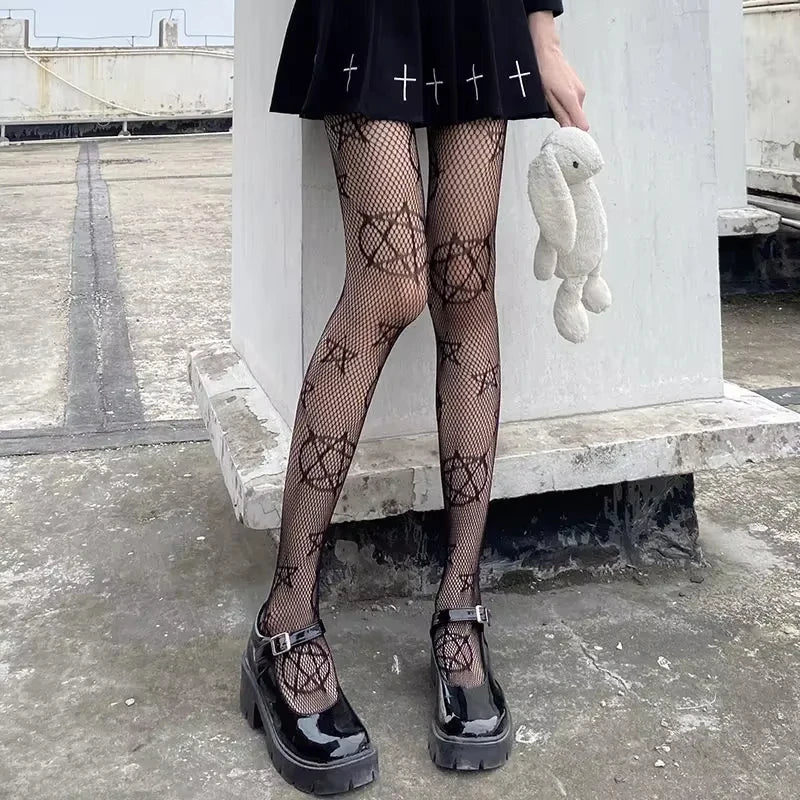 1 Piece Lolita Girls Cute Pentagram Print Leggings Feminine Gothic Punk Magic Pentagram Mesh Fishing Net Pantyhose