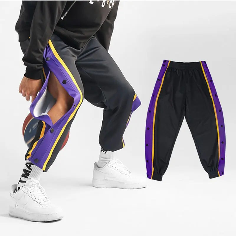 Harajuku Fashion Sports Men Pants Daily Outdoor Basketball Sweatpants Hollow Out Side Stripe Button Fly Design Creative Trousers