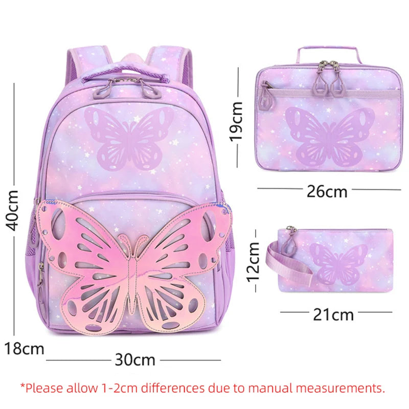 Girls Schoolbag Set Creative Cartoon Butterfly Backpacks Multifunctional Student Shoulder Bag Multi-Pocket Lightweight Backpack