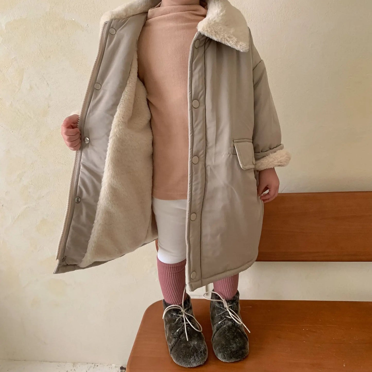 2023 Winter Girls Boys Thick Warm Fleece Long Jacket Baby Kids Children Pocket Coat Outerwear Two Colors