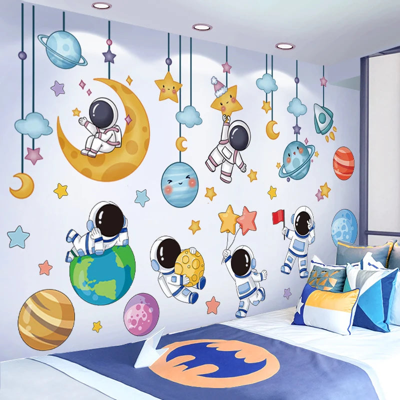 Astronauts Wall Stickers Vinyl DIY Stars Planets Wall Decals for Kids Rooms Baby Bedroom Children Nursery Home Decoration