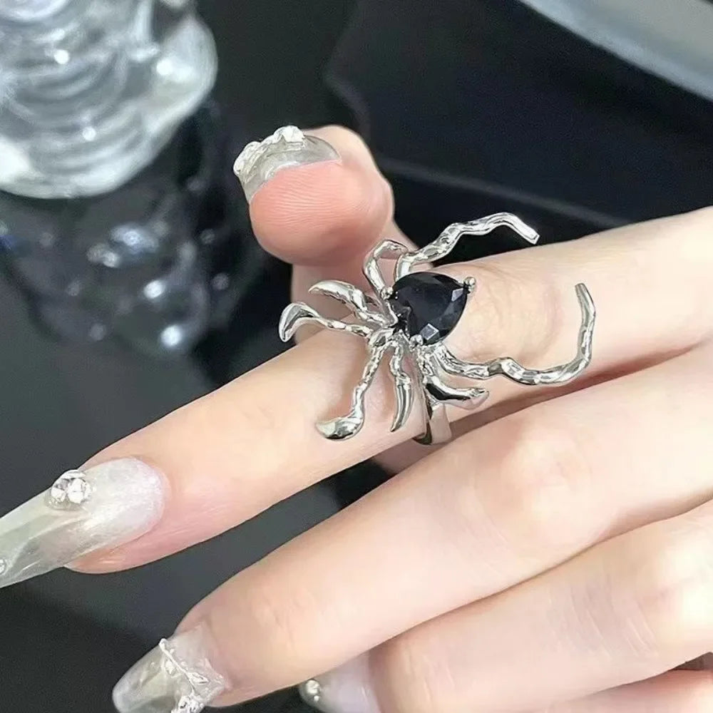 Punk Dark Style Animal Spider Opening Rings for Women Men Personality Black Crystal Hip Hop Rock Party Finger Jewelry Y2K Gift