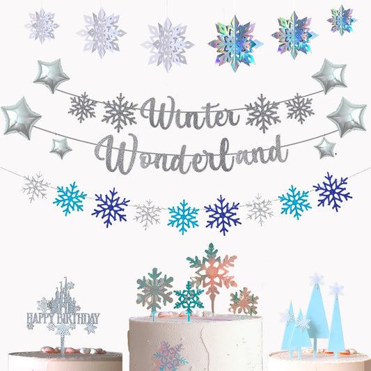 Snowflake Theme Decoration Snowflake Cake Inserts Pull Flag Balloon DIY Winter Christmas Baby Shower Birthday Party Supplies