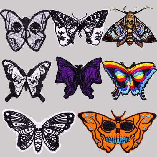 Punk Moth Animal Embroidery Patches Skull Face Butterfly Iron-on Stickers for Clothes DIY Decorative Appliques on Jackets Denim