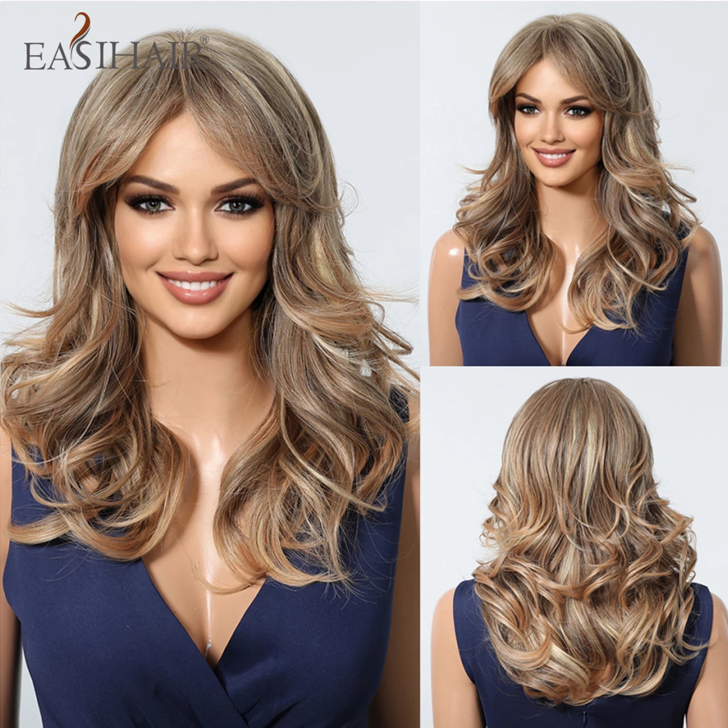 EASIHAIR Long Wavy Brown Synthetic Wigs for Women Dark Brown Wigs With Side Bangs Natural Hair for Daily Use Heat Resistant Wig