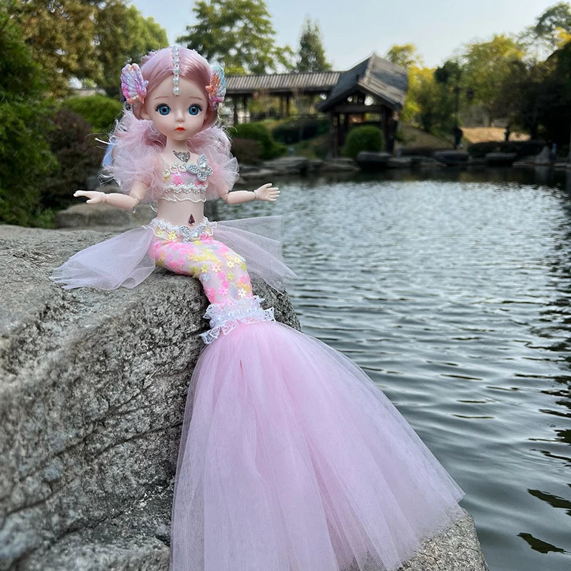 Cute Mermaid Doll Bjd with Light Singing Music Song 12inch Baby Mermaid Toys Joint Movable Mermaid Doll Dress-up Toy Girls Gift