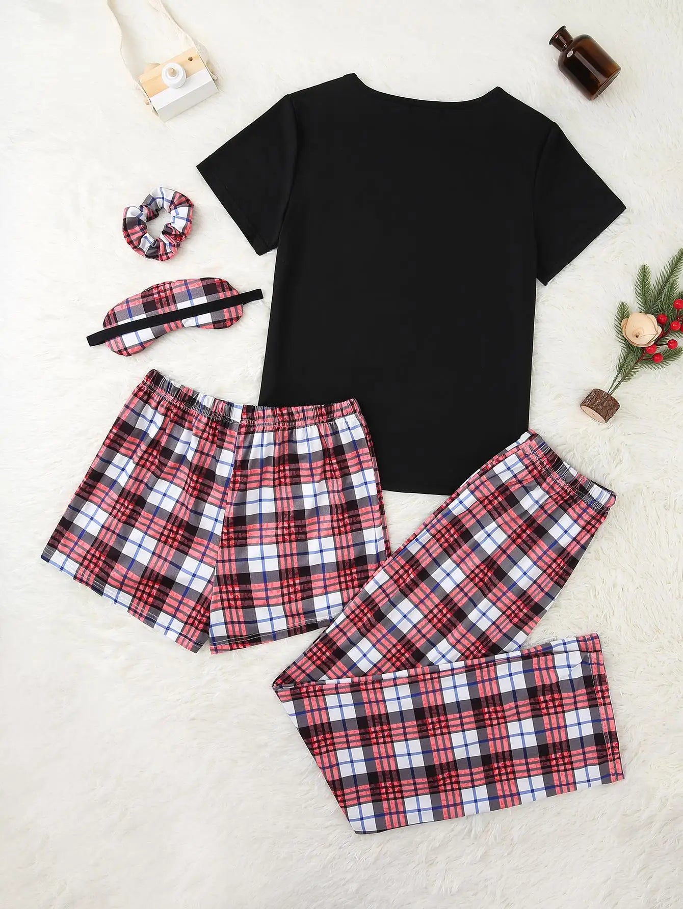 5 Pcs Women's Pajama Set Short Sleeves O Neck Top & Plaid Shorts & Full-Length Pants Female Sleepwear Nightwear Homwaer Cloth