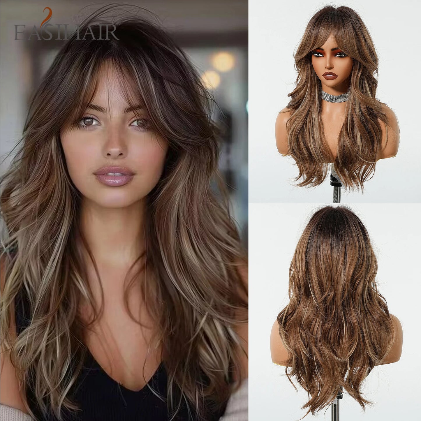 EASIHAIR Long Wavy Brown Synthetic Wigs for Women Dark Brown Wigs With Side Bangs Natural Hair for Daily Use Heat Resistant Wig