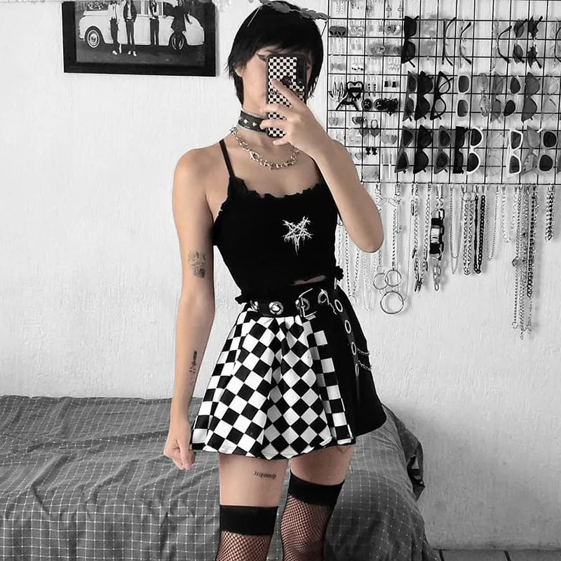 FICHOR Punk Skirt Gothic Plaid A Line Mini Harajuku Streetwear Sexy Plaid Patchwork Skirt E Girl Grunge Y2K Club Wear