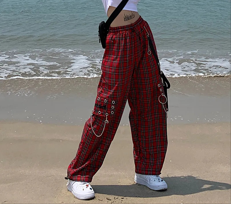 Gothic Harajuku Red Plaid Cargo Pants Women Chain Wide Leg Goth Hippie Streetwear Trousers Loose Female Baggy Fashion