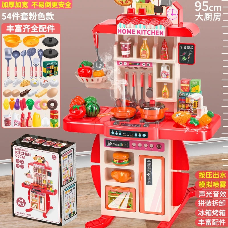 95cm Large Kids Play House Kitchen Set Spray Kitchen Girl Baby Mini Food Cooking Simulation Dining Christmas Table Toys Gifts