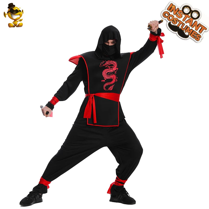 Adult Ninja Costume Halloween Party Muscle  Cosplay Black and Red with Hood Jumpsuit Belt Straps Deggers Fancy Dress Up