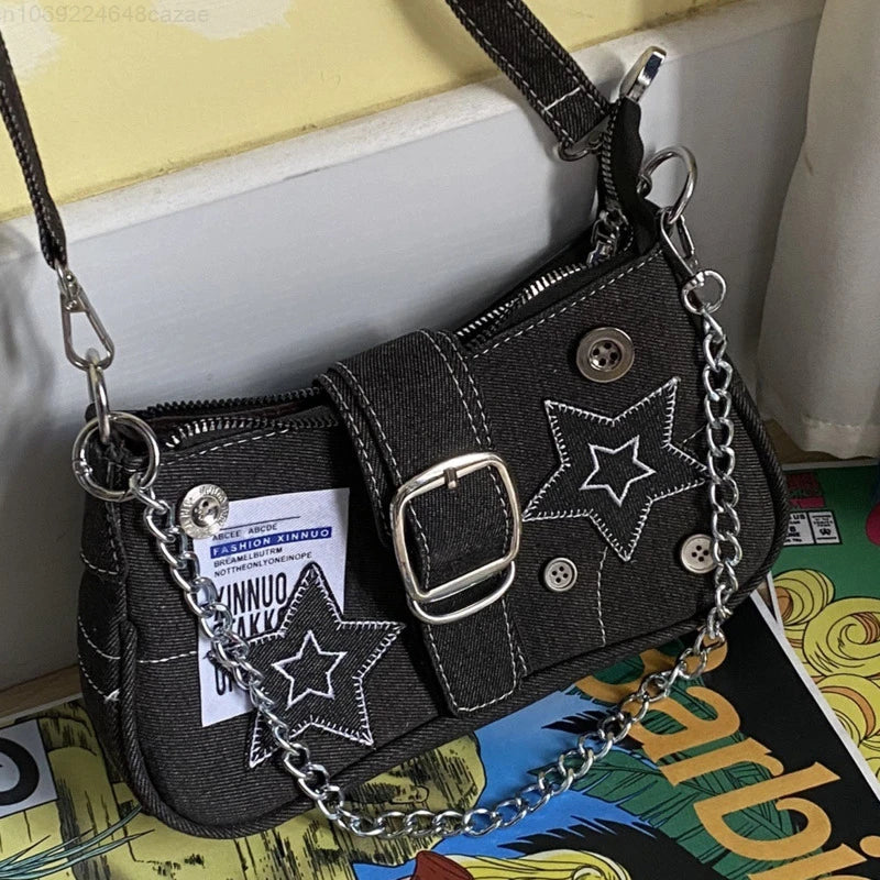 Y2k Fashion Women's Handbags Stars Pattern Cool Girls Underarm Bag Vintage Canvas Female Small Shoulder Bags Chain Tote Purses