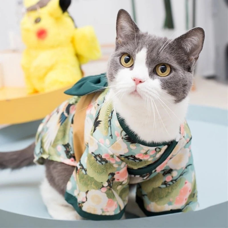 Japanese Style Thin Cat Dog Coat Kimono Summer Pet Clothes for Cats Dogs Cute Print with Bow-knot Kitten Sphynx Clothing Outfit