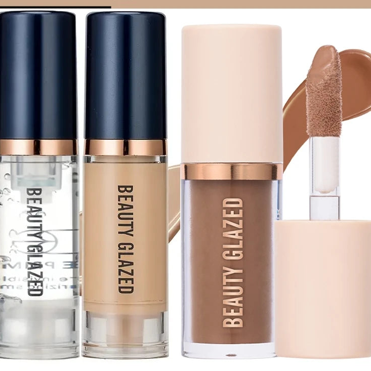 BEAUTY GLAZED 3pcs Face Makeup Set,Liquid Foundation+Primer+ Liquid Contour,Natural Weightless Long-wearing Smudgeproof Bronzer