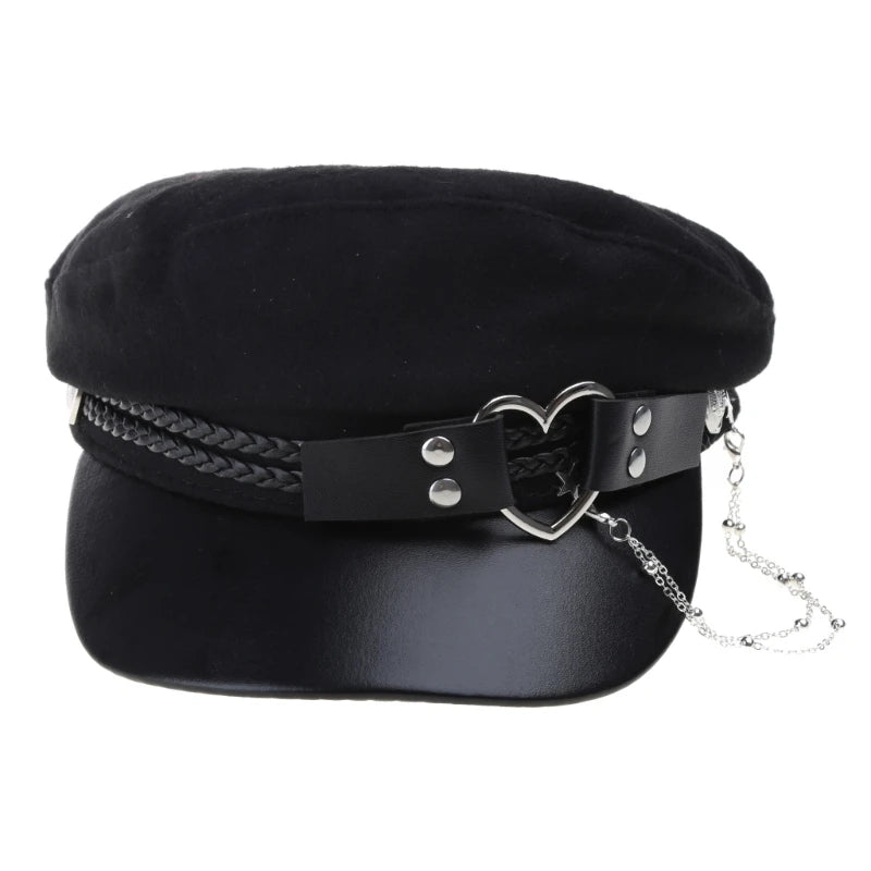 Lolita Girls Felt Beret Cap with Love Heart Buckle Belt Women Fashion Tassel Chain Octagonal Hat Adult Teens Party Cosplay Hat