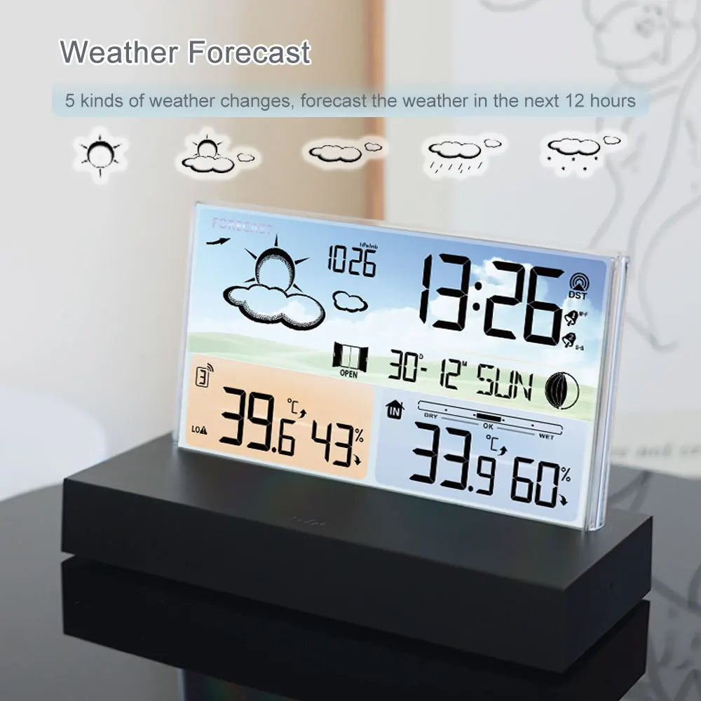 Transparent glass weather clock wireless Multifunctional weather forecast Electronic alarm clock black Outdoor sensors backlight