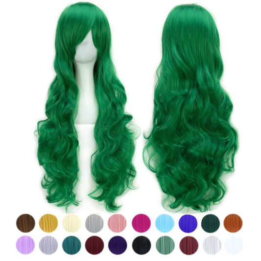 80cm Long Curly Hair Wig Heat Resistant Synthetic Hair Pink Green Hairpiece Party Cosplay Wigs for Women